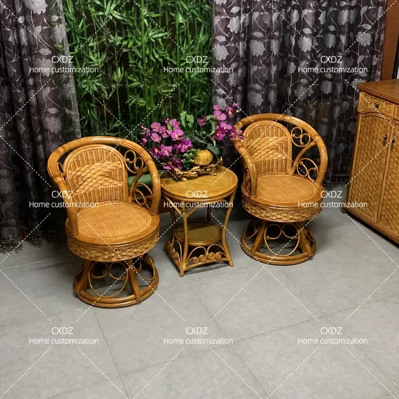 Natural Rotating Rattan Chair 3 Piece Set Solid Wood Leisure Woven Chair Balcony Tea Table Combination Household Furniture