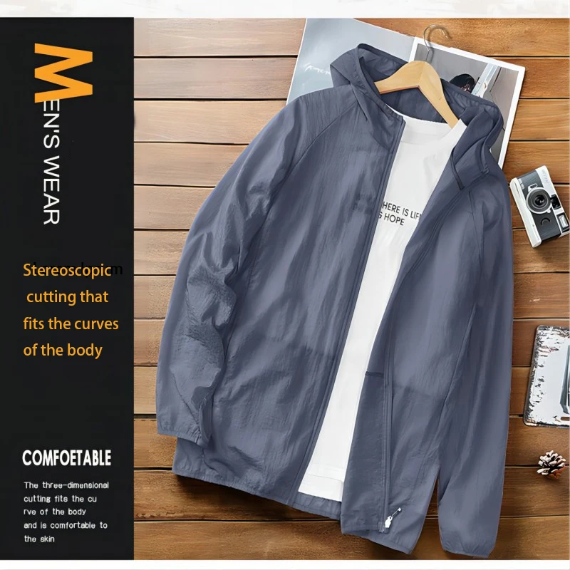 

Chaqueta de protección solar para hombre Top con capucha ultrafino de seda de hielo elástica Color sólido deportes al aire libre