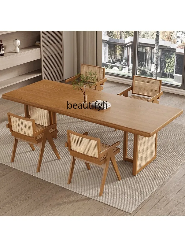 Solid Wood Rattan Table and Chair Combination B & B Restaurant Log Dining Table Sweet Tea Making Table Conference