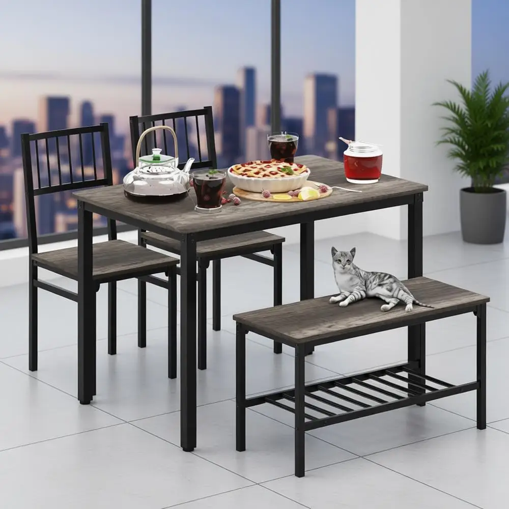 Ensemble de salle à manger pour 4 personnes : table en chêne noir avec 2 chaises et banc, 110 cm