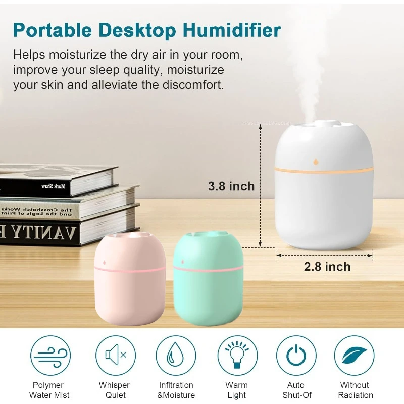 مرطب صغير محمول، مرطب سطح المكتب الشخصي USB لغرفة نوم مكتب السيارة، إيقاف تلقائي، وضعين للرذاذ، هادئ للغاية
