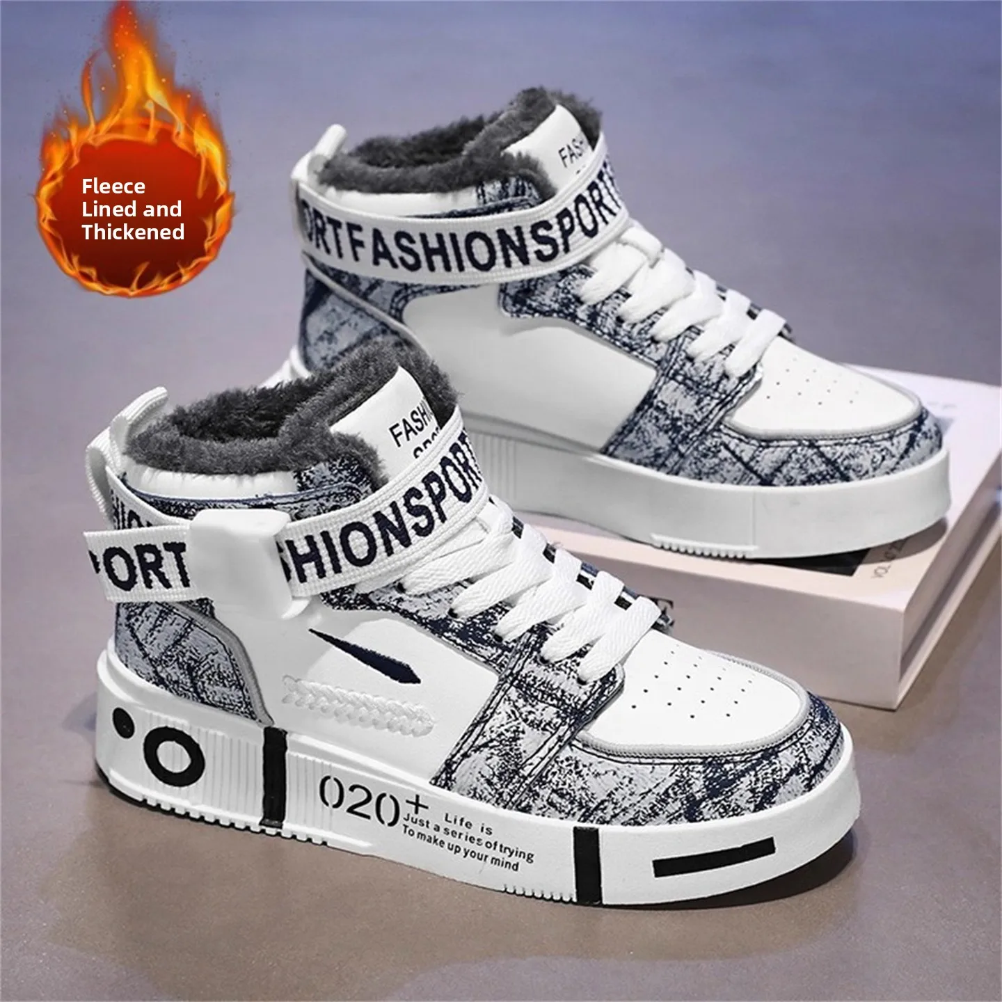 Thickened Winter High-Top Men's Shoes Warm Cotton Sports Casual Board Shoes with Long Fur Inner  for Youth And Teens