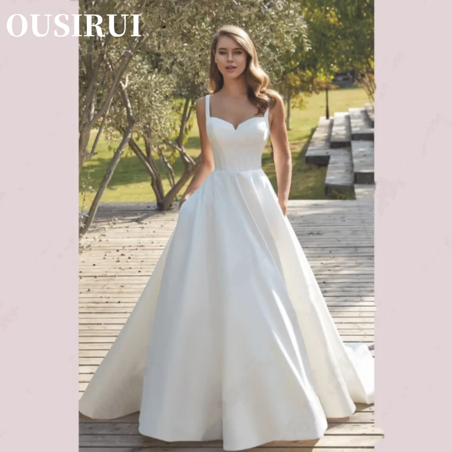 OUSIRUI abiti da sposa in raso a-line bottoni senza schienale abiti da sposa con scollo a v civile colletto quadrato Bride Party Spaghetti Straps