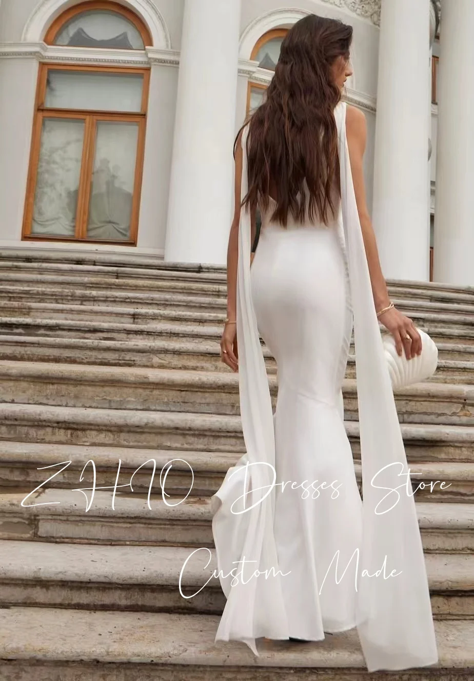 ZHIO فستان زفاف حورية البحر بسيط برقبة دائرية بدون أكمام سترة طويلة بطول الأرض فستان زفاف مخصص فساتين سهرة رسمية