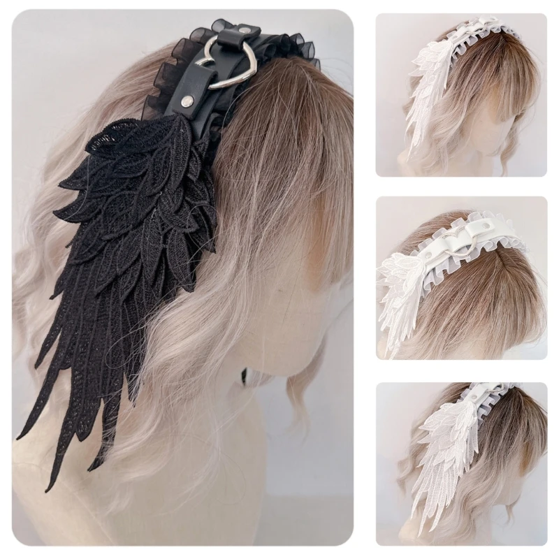 Diadema con cinturón con hebilla de corazón y ala de Ángel gótica de Lolita, diadema de encaje para Cosplay de sirvienta de Anime japonés, aro para el pelo para fiesta y juego de rol para mujer