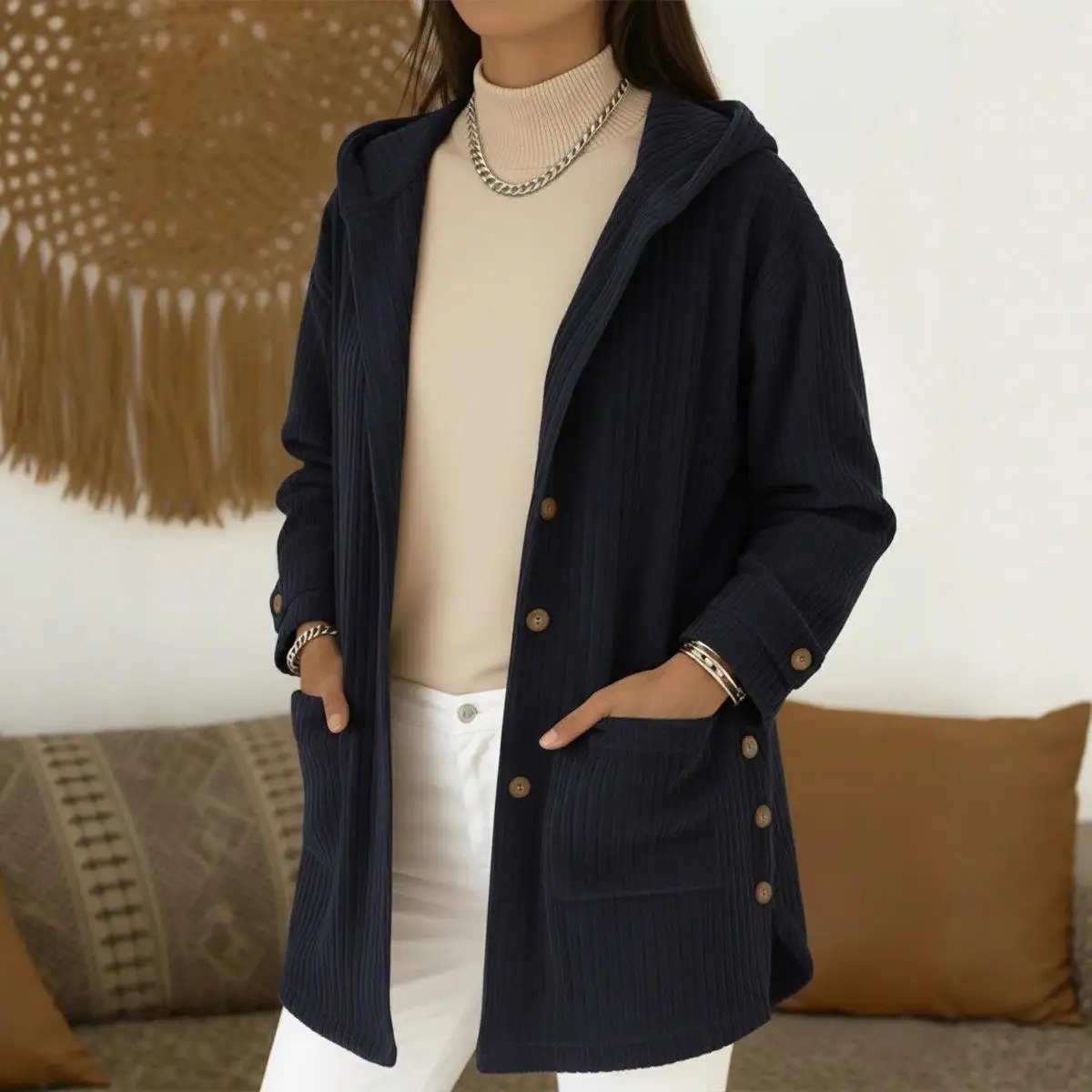 

Women's Faion Hooded ort Sve Corduroy Loose Fit Autumn Winter New Arrival Cotton Jaet Long Sve Regular Sve