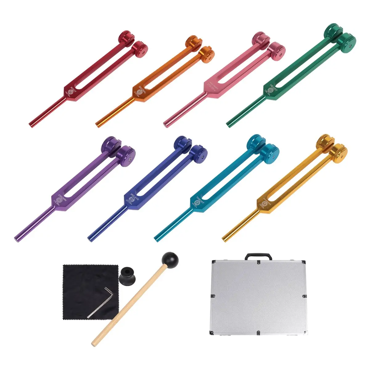 X08A Chakra Tuning Fork Set for Healing,Sound Therapy,Keep Body,with Rubber Mallet,Wrench,Cleaning Cloth and Aluminum Box