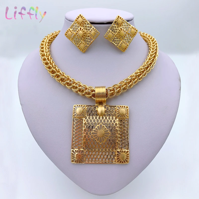 Gold Color African Jewelry Sets for Women Necklace Nigerian Bridal Wedding Luxury Jewellery Bracelet Earrings Ring