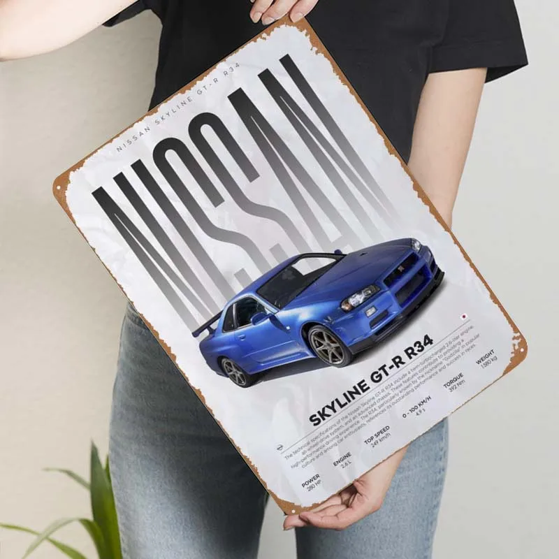 Nissan Skyline GTR R34 Metal Sign Cars Poster Wall Decor Living Room Decor Tinplate Sign for Garage Wall Art Decoration Man Cave