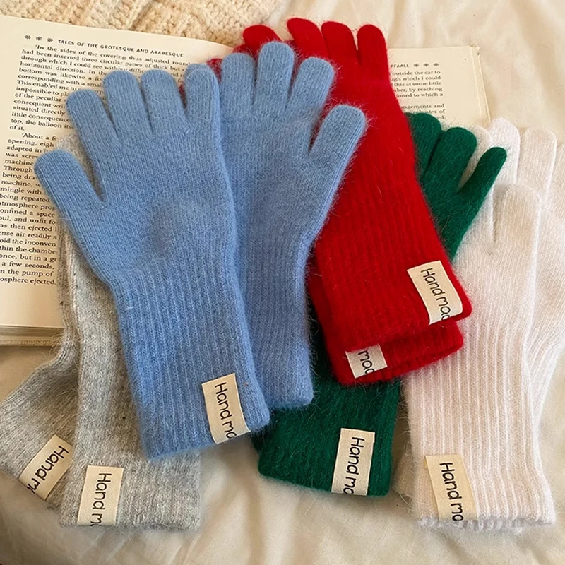 ถุงมือไหมพรมสีพื้นแบบสัมผัสหน้าจอแฟชั่นสำหรับผู้หญิง ถุงมือฤดูหนาว ถุงมืออุ่น ถุงมือทำงานสีพื้น ถุงมือฮาราจูกุสำหรับผู้หญิง