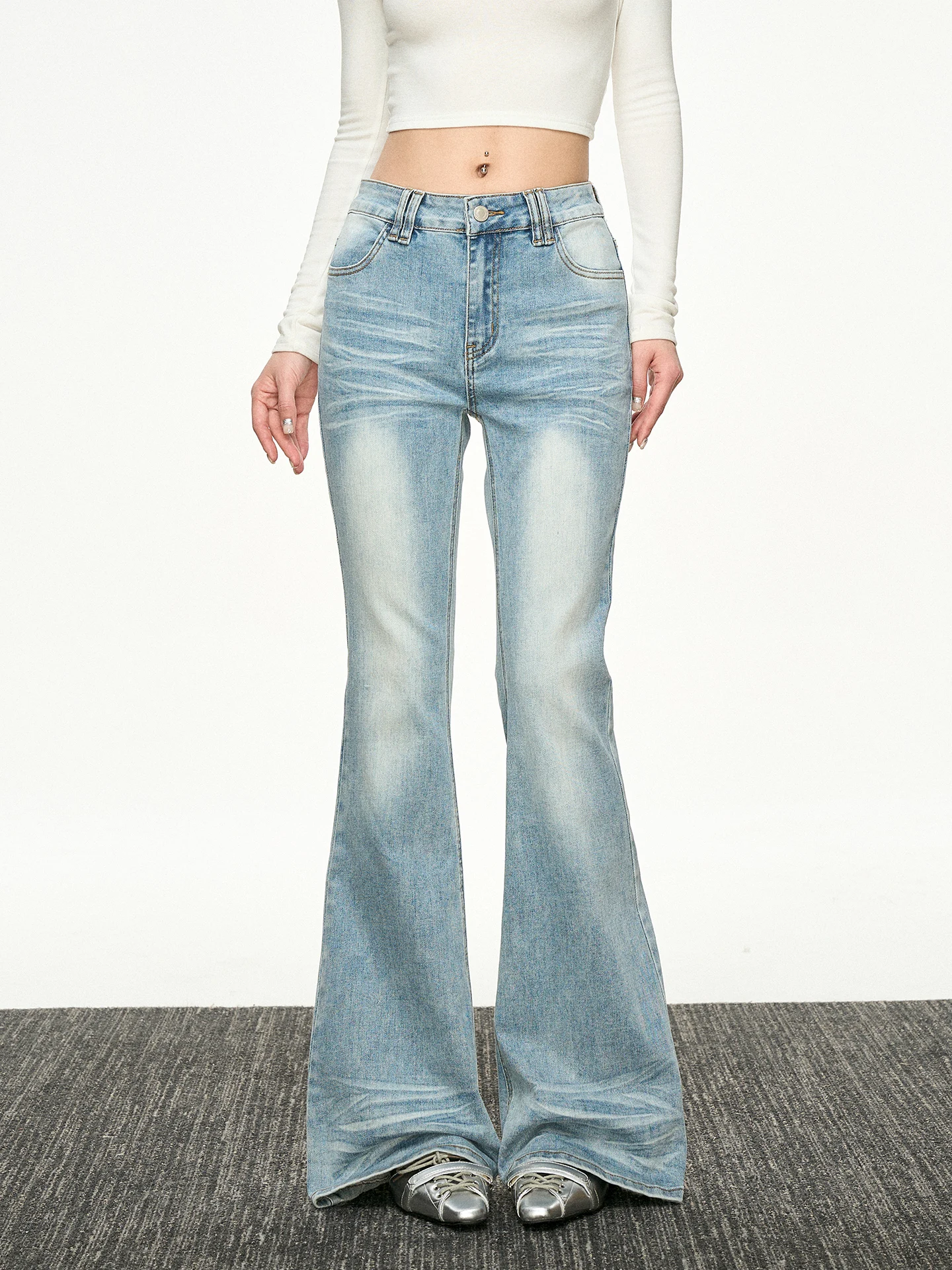 

Aaisup American Retro Flared Jeans Women's Slim Fit Elastic Bell Bottoms Light Blue Spring Denim Pants Natural Waist
