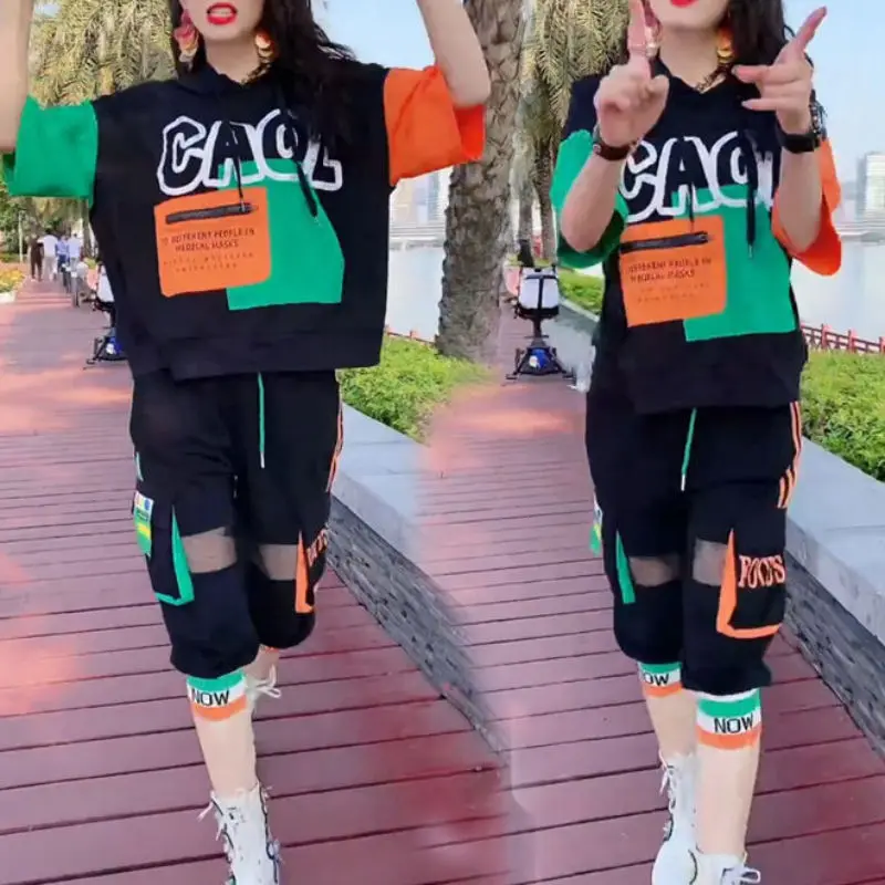 

Sports Suit Women 2024 Summer Thin Fashion Korean Letter Short-sleeved Hoodie Women Shorts Two-piece Hip Hop Trend