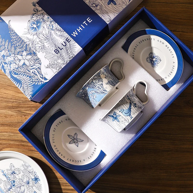 Blue and white ceramic coffee cup and saucer set, housewarming gift box, practical accompaniment
