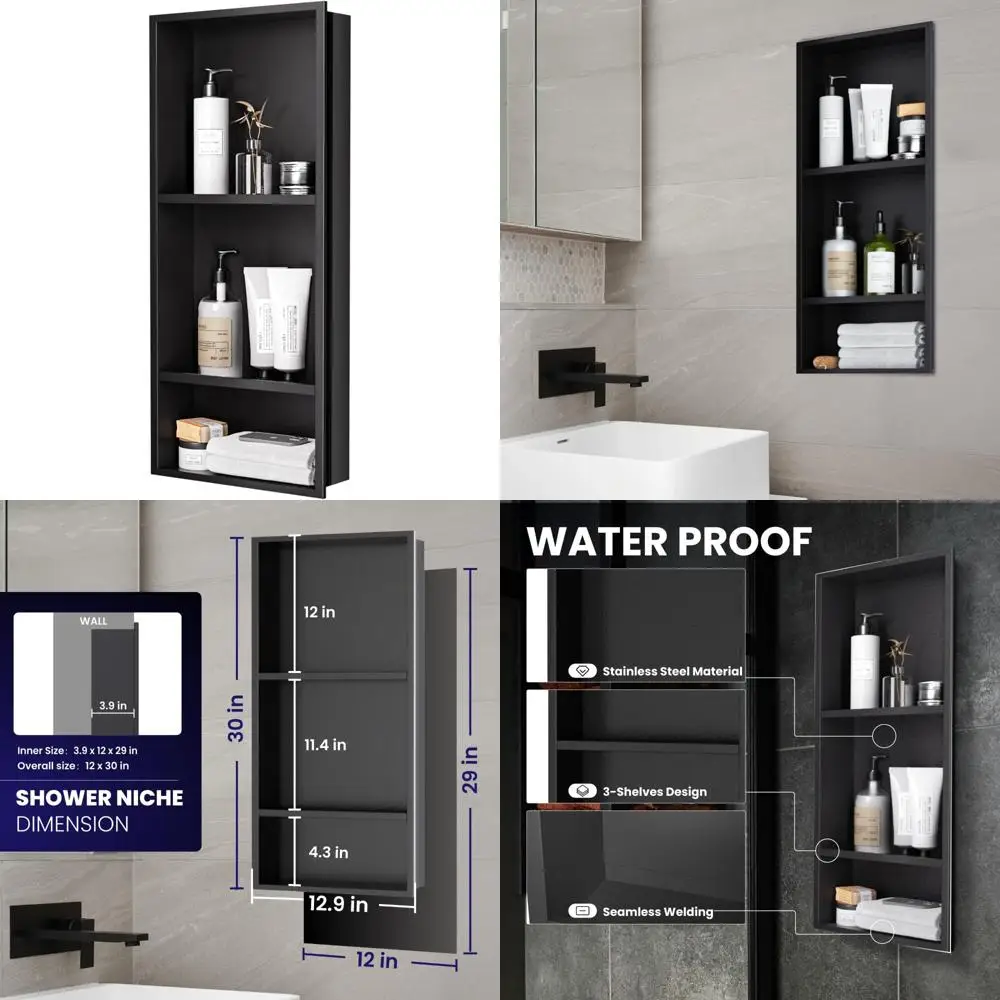 

12x29 Inch Stainless Steel 3-Tier Shower Wall Niche - No Tile Required for Bathroom Storage