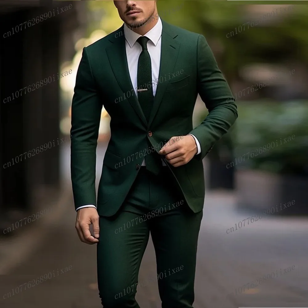 New Dark Green Formal Occasion Men Suit Groom Groomsman Wedding Party Prom Business Male Tuxedos 2 Piece Set Blazer Pants