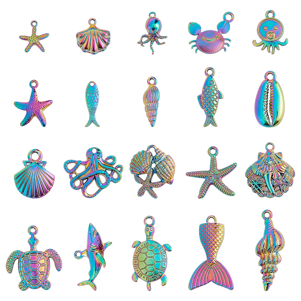 

Marine Organism Theme Alloy Pendant Sets Mixed Shapes Rainbow Color 15~37x8~29x2.5~5mm 20pcs/box