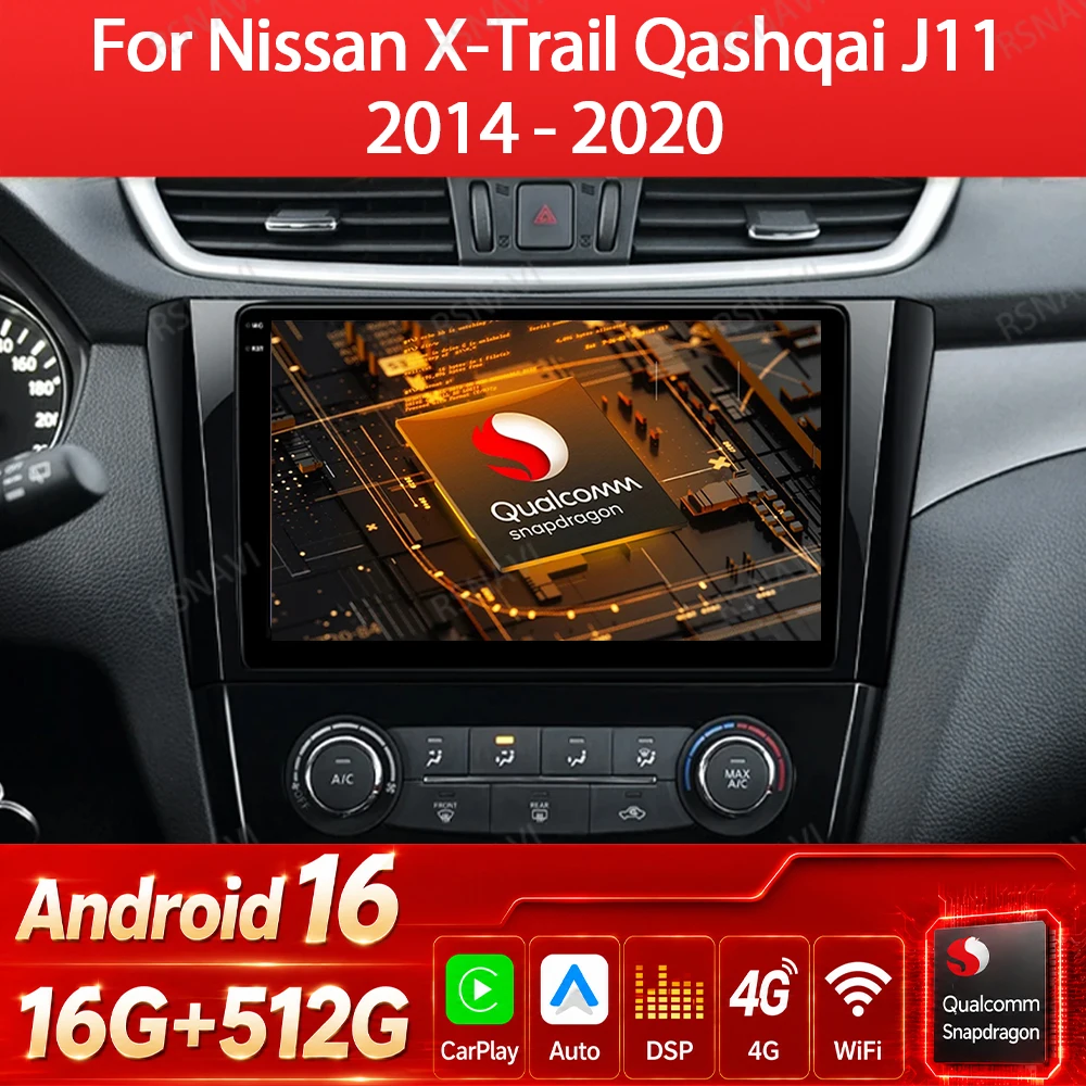 Автомагнитола Android 16 с беспроводным CarPlay для Nissan Qashqai J11 X-Trail 3 T32 2014-2018, мультимедийный видеоплеер, GPS, 4G, Wi-Fi