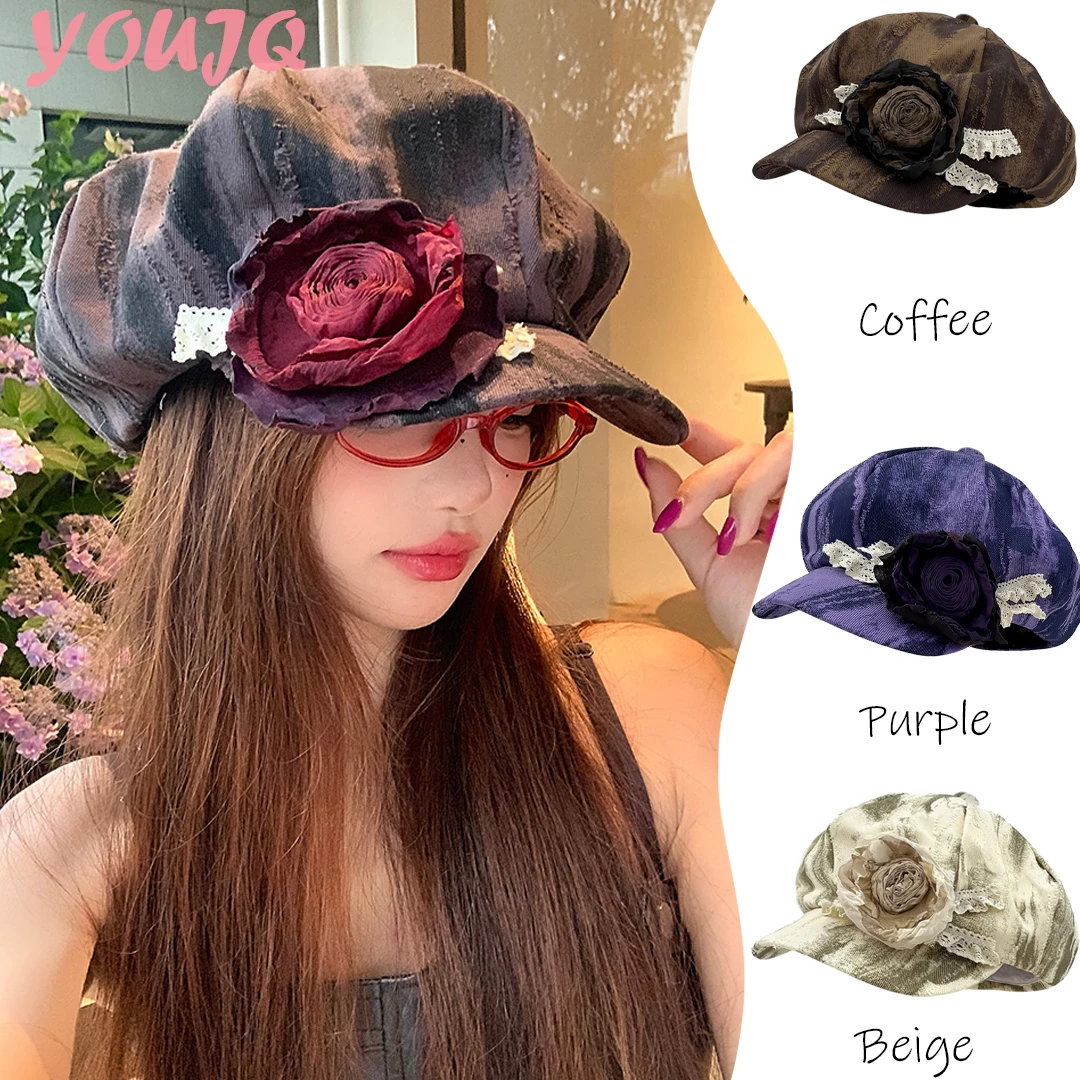 

Японские женские шапки Tie Dye Cloud Wilted Rose Flower на весну и лето Street Sle Fleret для молодежи, восьмиугольные береты
