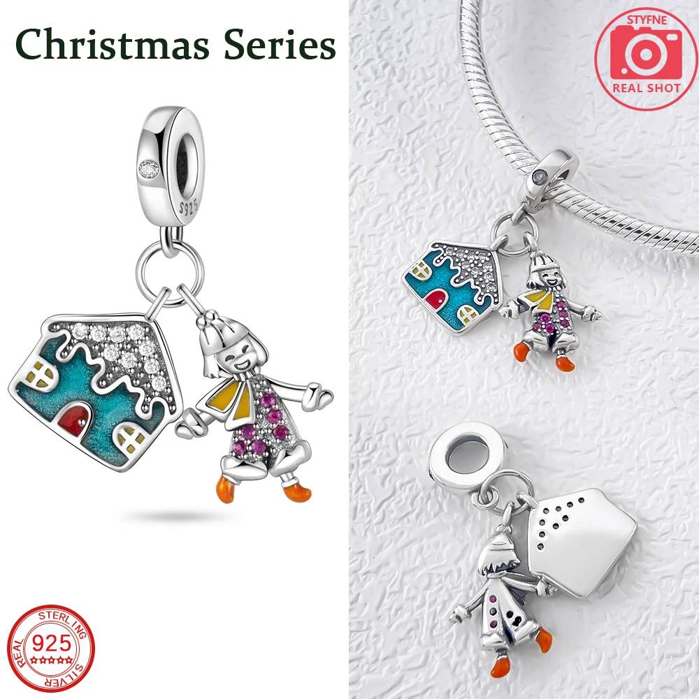 New Christmas 925 Sterling Silver Christmas House Happy Little Girl Fit DIY Women's Bracelet Necklace Jewelry Christmas Gift