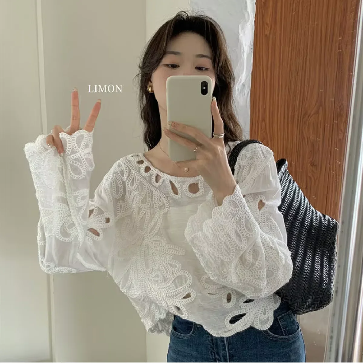 

High-Grade Hollow Sweet Long Sleeve Shirt Summer Blouse Women Slash Neck Half Sleeve Female Crochet Hollow Out Elegant Blouses