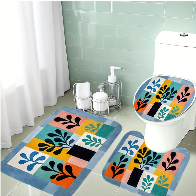 

Geometric Plant 3pc Bath Set – Vintage Color Block Design, Soft Flannel Toilet Cover, U Mat & Floor Rug, Non-Slip Modern Decor