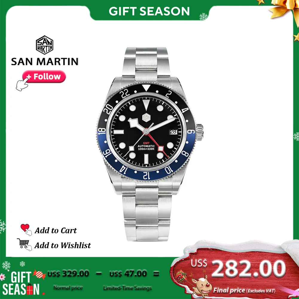 San Martin 39mm GMT Luxury Men Watch NH34 Stainless Steel Automatic Mechanical Watches Waterproof 10Bar Sapphire Crystal SN0109