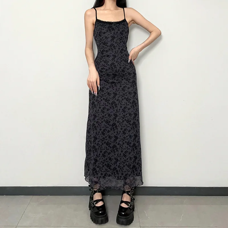 

Gothic Black Sexy Dress Summer Floral Print Maxi Dress Women Aesthetic Sleeveless Long Mesh Dresses Y2k Elegant Vintage Clothes
