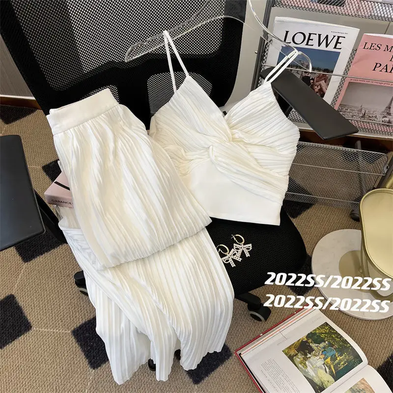 Conjunto de Top corto plisado blanco para mujer, ropa elegante de lujo de cintura alta, 2 piezas, 2024