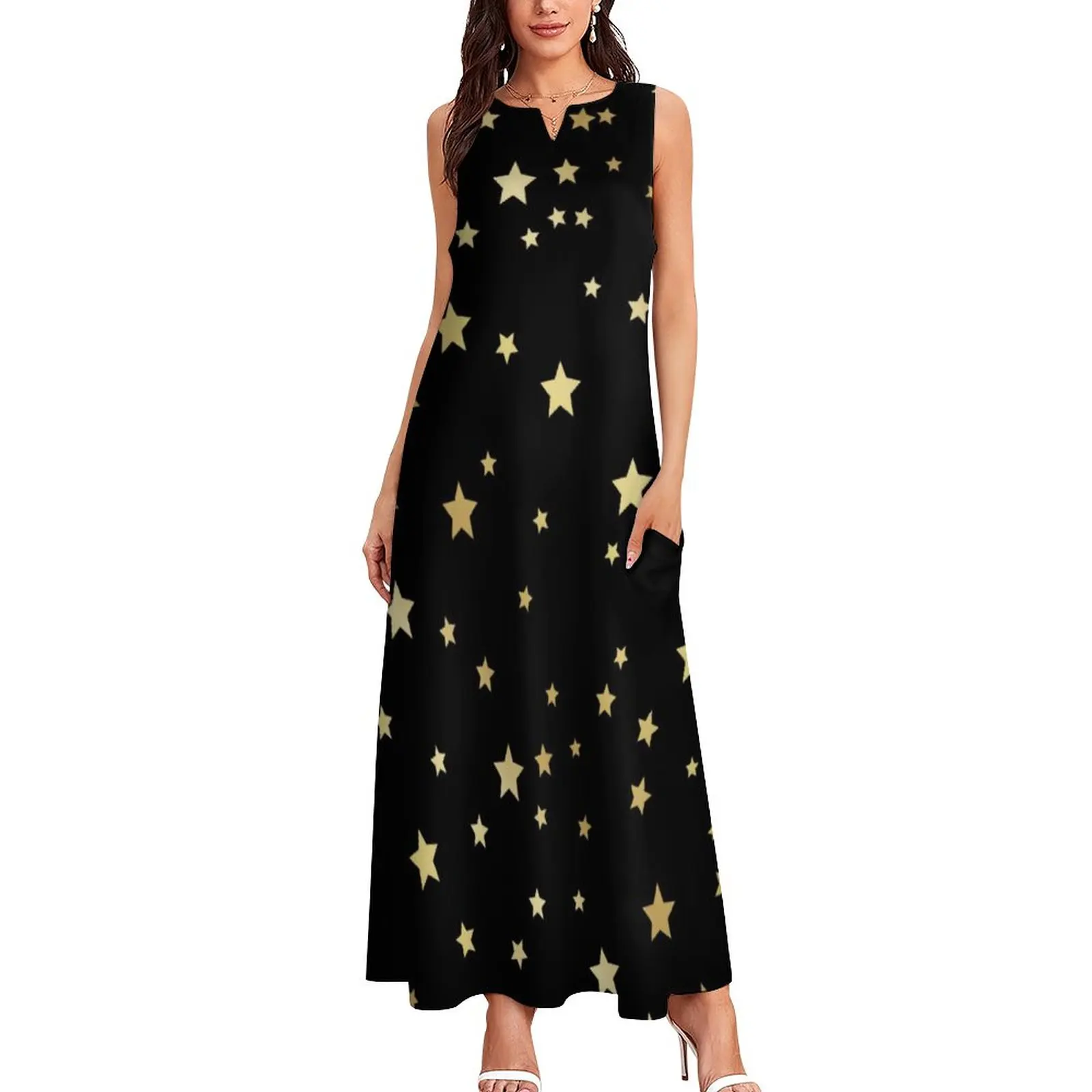 

Golden Stars Dress Summer Cute Star Print Korean Fashion Bohemia Long Dresses Women Trendy Maxi Dress Gift Idea