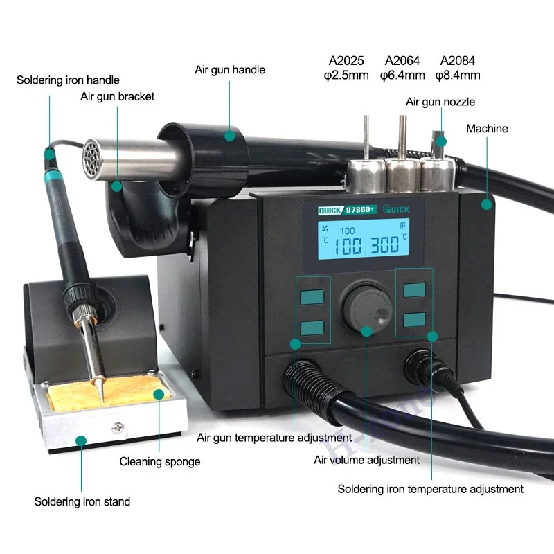 

QUICK 8786D+ 2 in 1 Rework Station Electric Soldering Iron Hot Air Gun Mobile Phone Screen Motherboard Lead-free Repair Tool