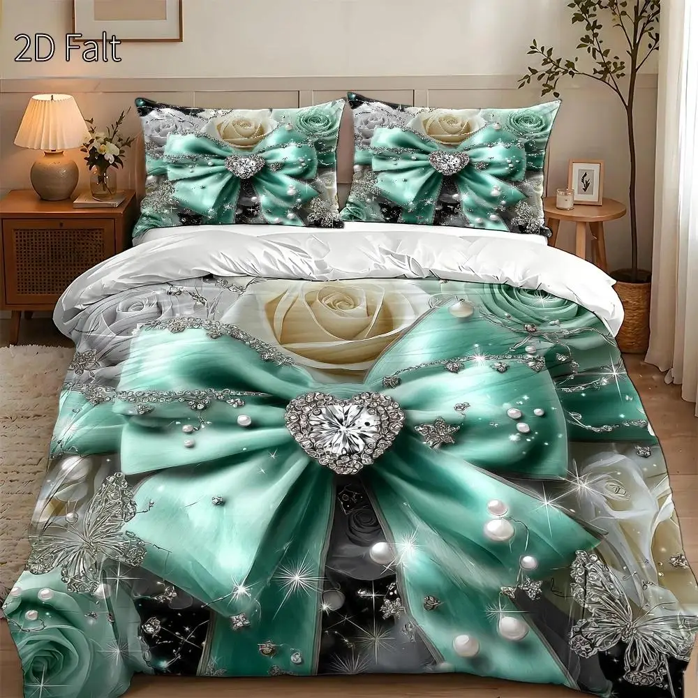 Ensemble de housse de couette 3 pièces, 1 housse de couette + 2 taies d'oreiller (sans garnissage), décoration nœud turquoise, style romantique, Saint-Valentin, ensemble de literie 3 pièces, adapté à toutes les saisons, lavable en machine, fermeture éclair invisible, adapté pour la maison, le dortoir, la chambre principale, la chambre d'invité