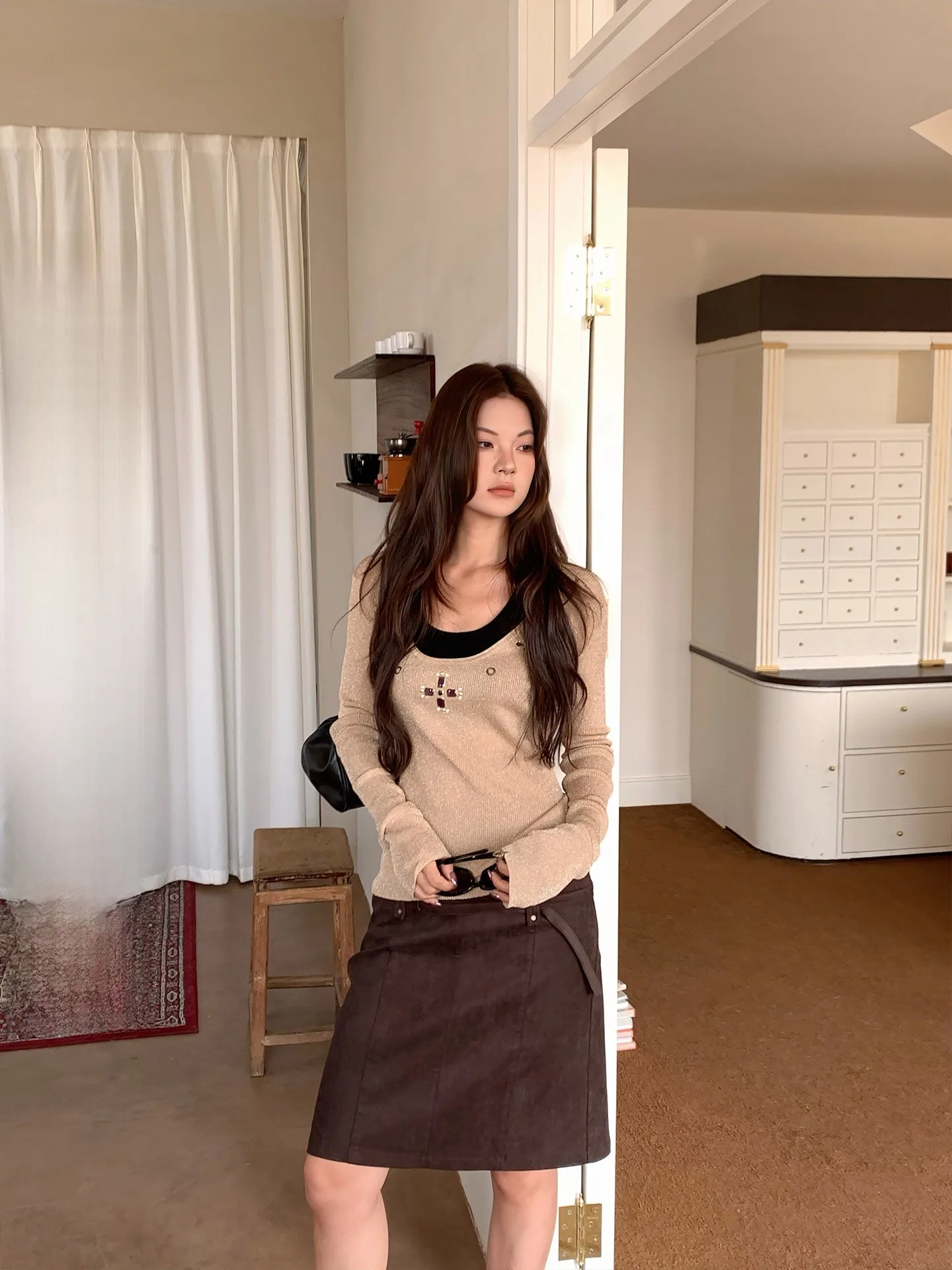 

Женский шерстяной свитер MAR с термостразами, ранневесенний, приталенный, комплект из двух предметов, топ для ношения под одеждой, винтажный, с длинным рукавом