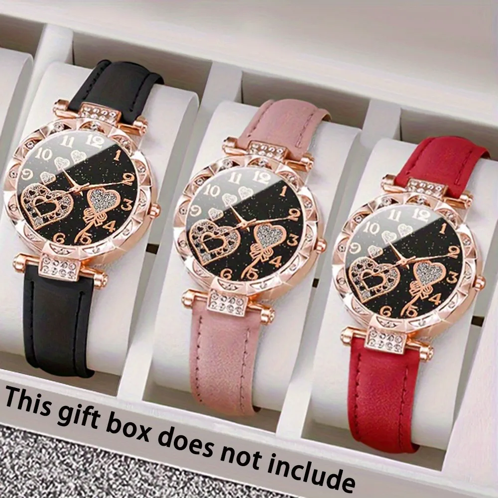 3 Pcs/set Women's Watch Set, PU Leather Strap, Quartz Movement, Starry Sky Dial with Heart Accents, Fashion Watch |Elegant Watch