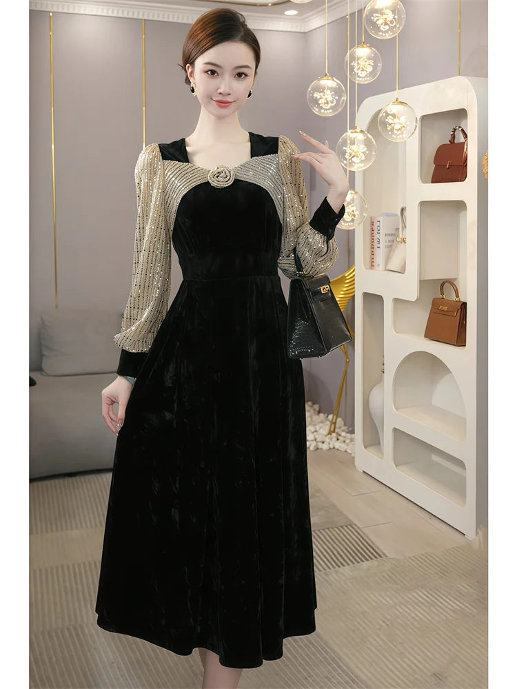 

Bla Velvet Dr 2025 New Women's Autumn Winter Important Ocn Wear Inner Long Skirt Vintage Sle Polyester Fiber