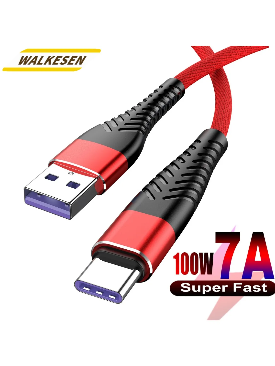 Kabel danych o mocy 100W 7A, długości 0,25M 1M 2M 3M, pleciony nylonowy przewód USB typu C do szybkiego ładowania i przesyłania danych, kompatybilny z iPhone, Xiaomi, Huawei, Samsung. — 2