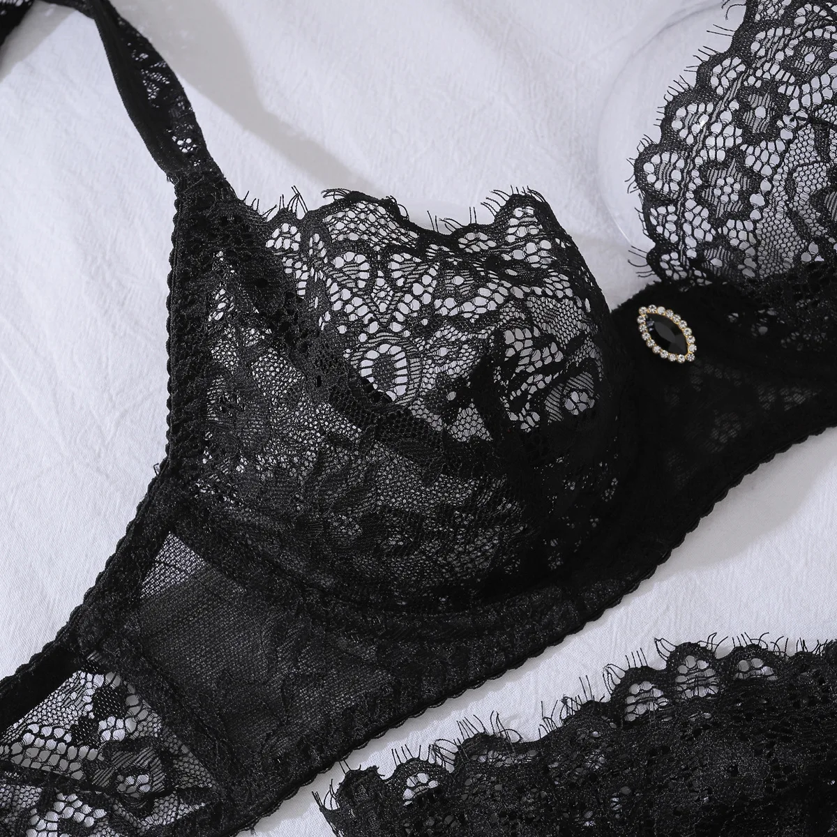 طقم ملابس داخلية ماسية حمالة صدر وحزام رباط وظهر شفاف للنساء (أسود) #4