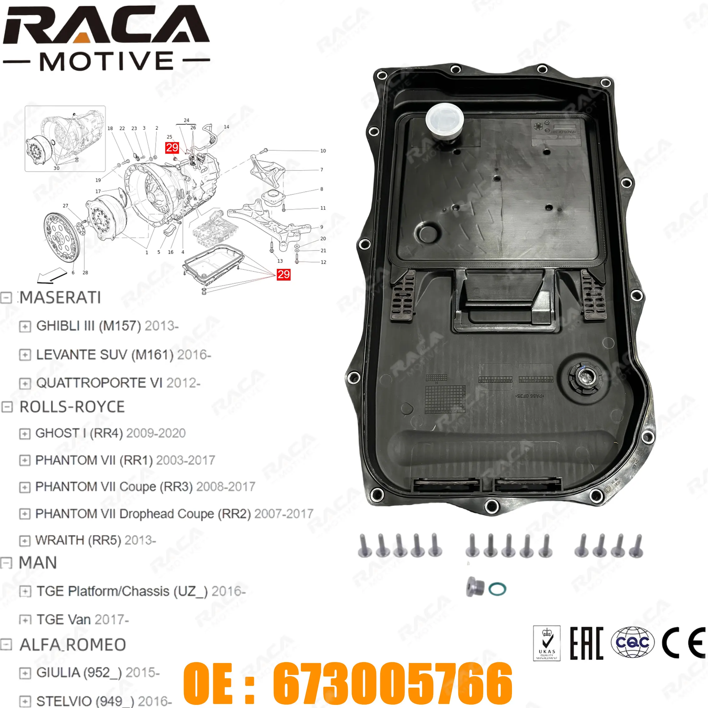 

8-Speed Automatic Transmission Oil Pan Suitable for Maserati Levante (M161), Ghibli (M157), Quattroporte (M156), Rolls-Royce Phantom, Alfa Romeo Giulia Stelvio, Man Tge, 24117624192