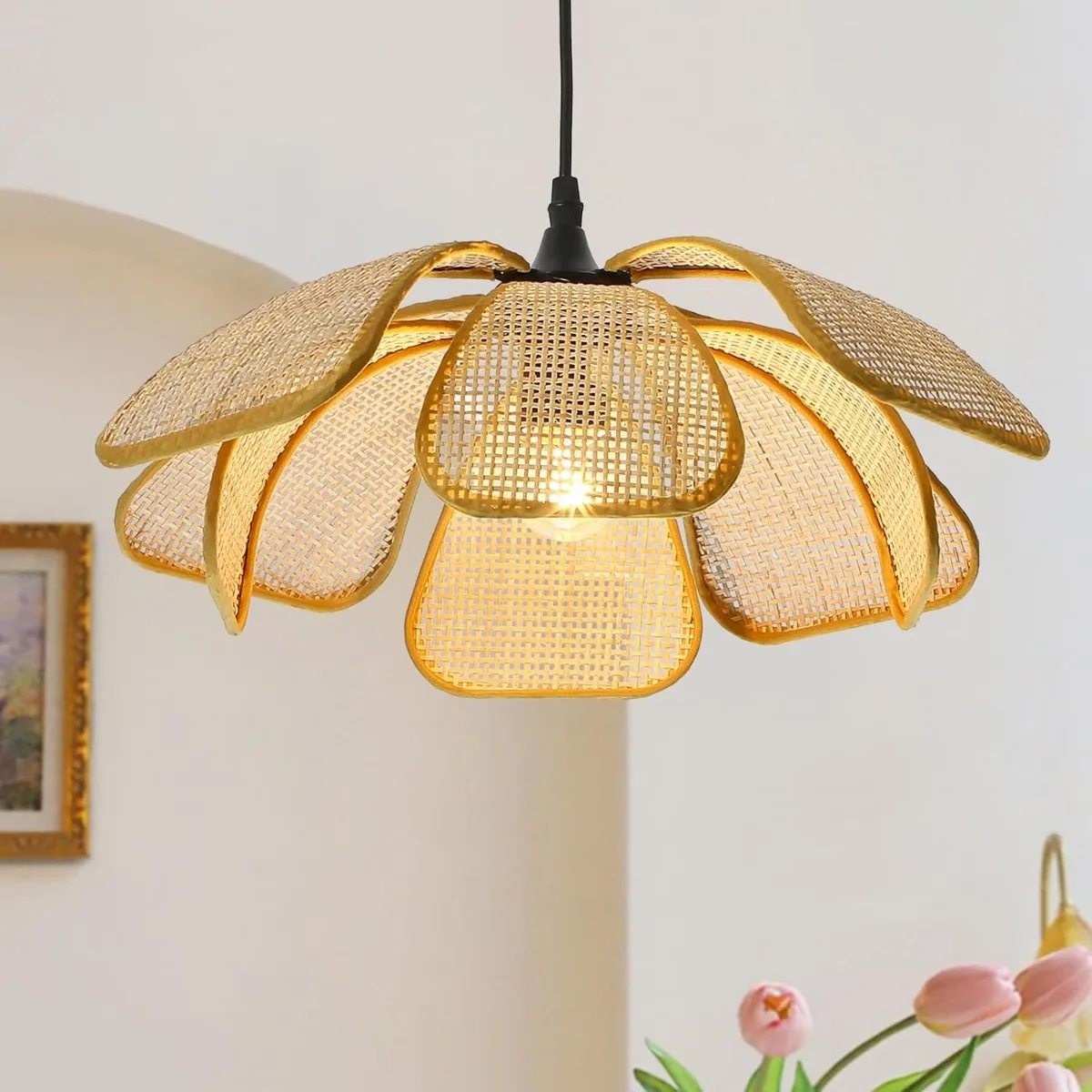 JOYINLED Hand-Woven Bamboo Ceiling Hanging Lamp, 50cm Modern Boho Rattan Pendant Light, E26/E27 Farmhouse Style Lighting Fixture