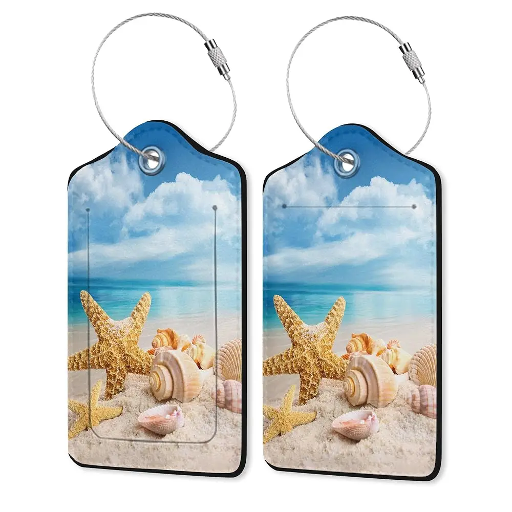 

Free Shipping2 Pack Leather Luggage Tag for Suitcase Beach Starfish Seashell Seaside Unique Travel Tags with Privacy Cover ID La