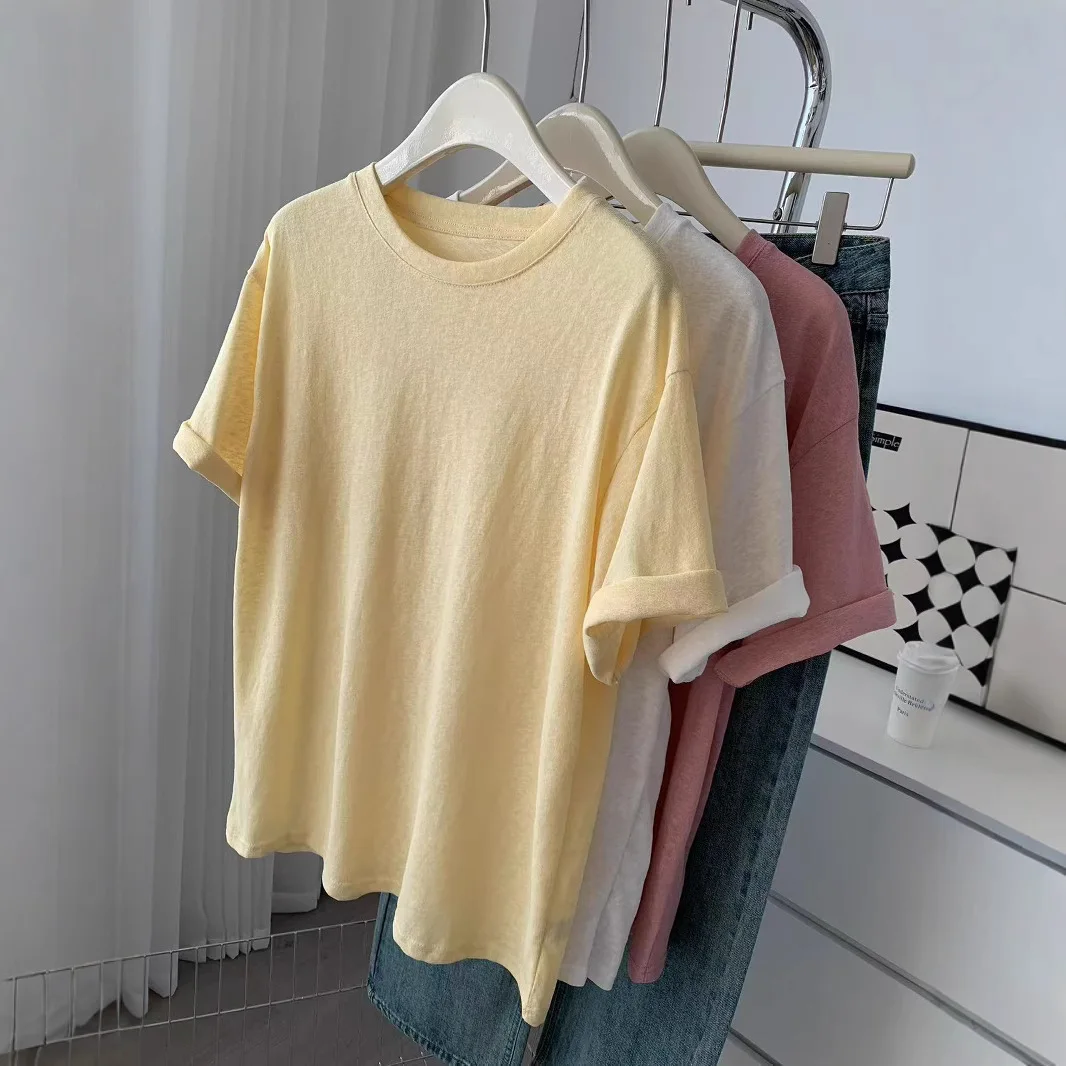 

Snow Cotton Lazy Tee Round Neck Loose Casual Solid Color T-shirt Short Sleeve Breathable Summer Tops