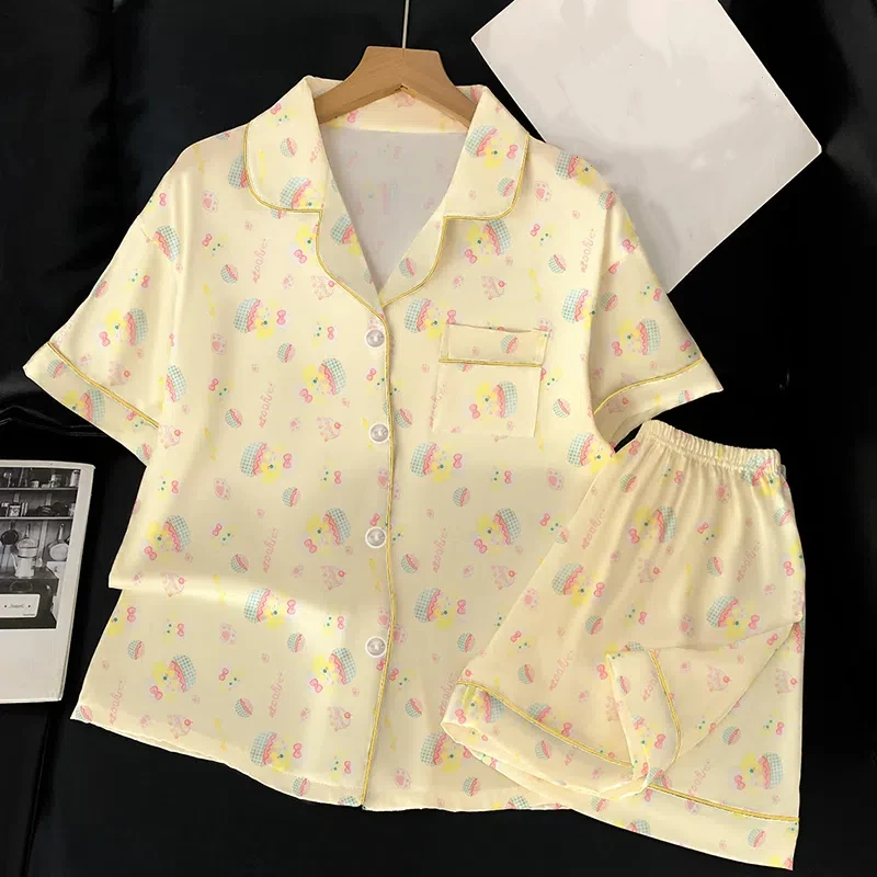 بيجامة نسائية طقم بيجامة كاجوال مطبوع لطيف وأكمام قصيرة وأزرار وطية صدر السترة بلوزات وسراويل مريحة ملابس نوم صيفية مريحة