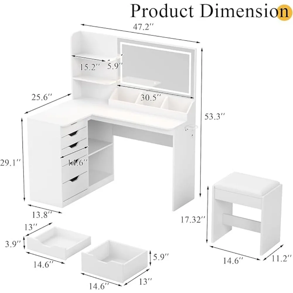 Makeup Vanity Set with Multi-Plug Outlet & HD Smart Mirror, Multi-Depth Side Drawers, Dressers