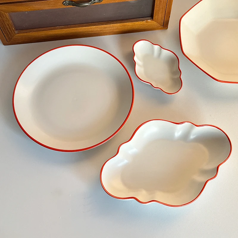 Red Rimmed Matte Ceramic Plates Under Glazed Simple Solid Colored Deep Plate Household Western Food Spaghetti Dishes