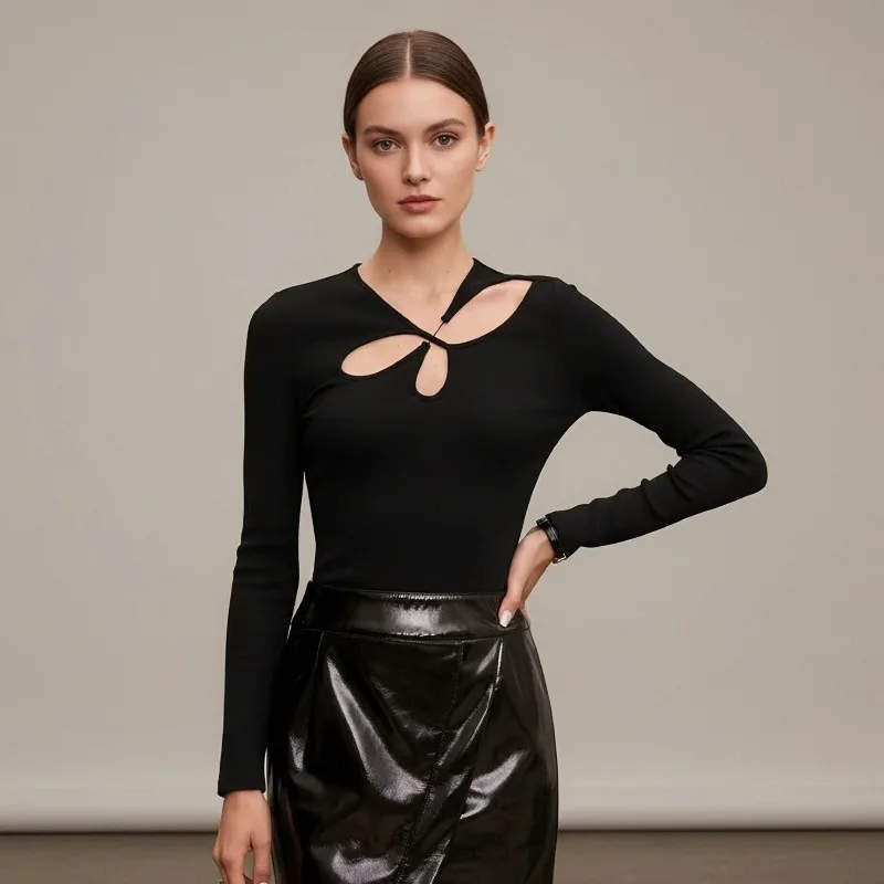 

Black Sexy Slim Fit Hollow Out Elegant Spicy Girl Jumpsuit Spring Autumn Fashion Y2K New Long Sleeved Pullover Women's Clothing