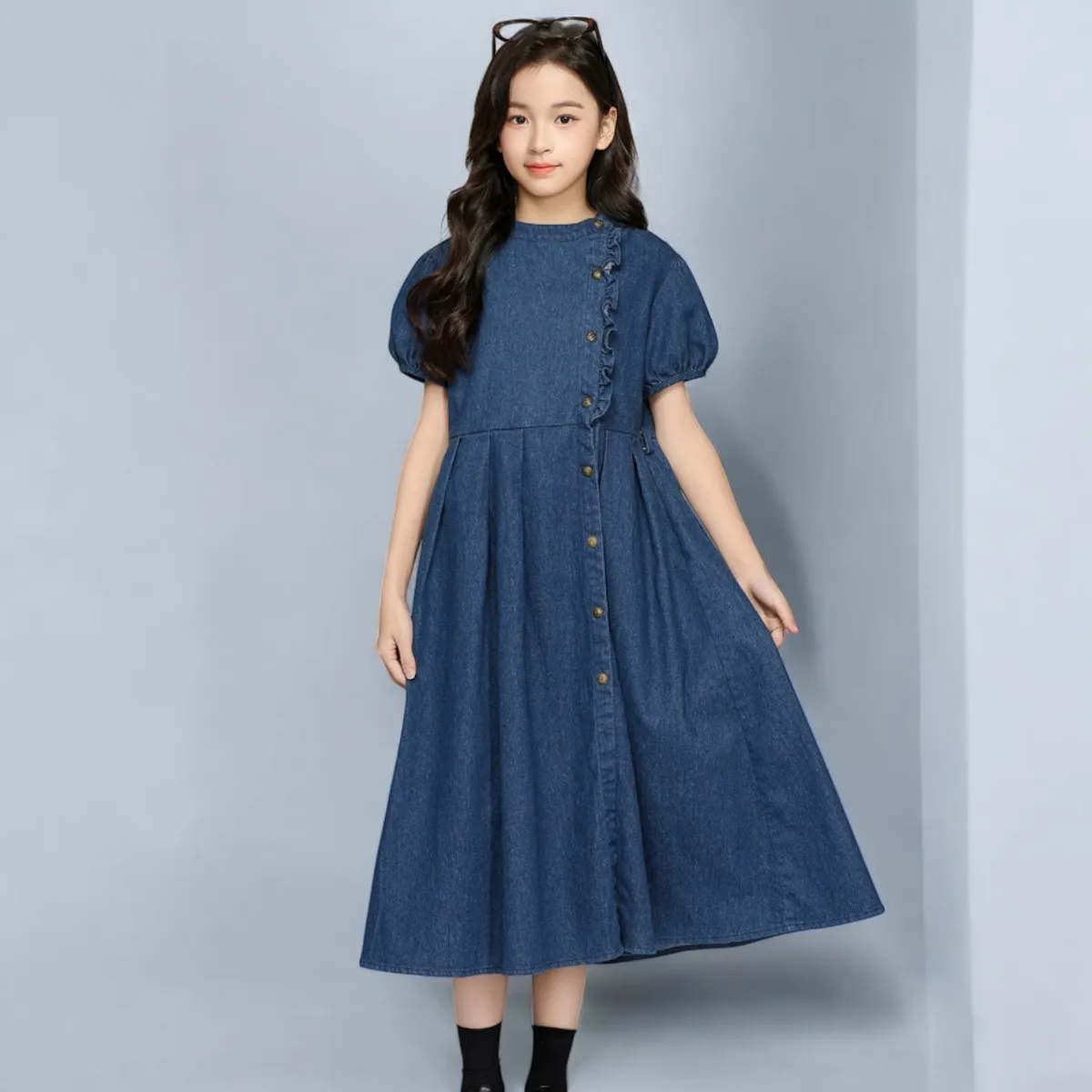 

Summer Baby Girls Denim Dresses Kids Outfits Wedding Prom Party Dresses Kids Princess Costumes Short Sleeve 5 8 9 11 12 13 Years