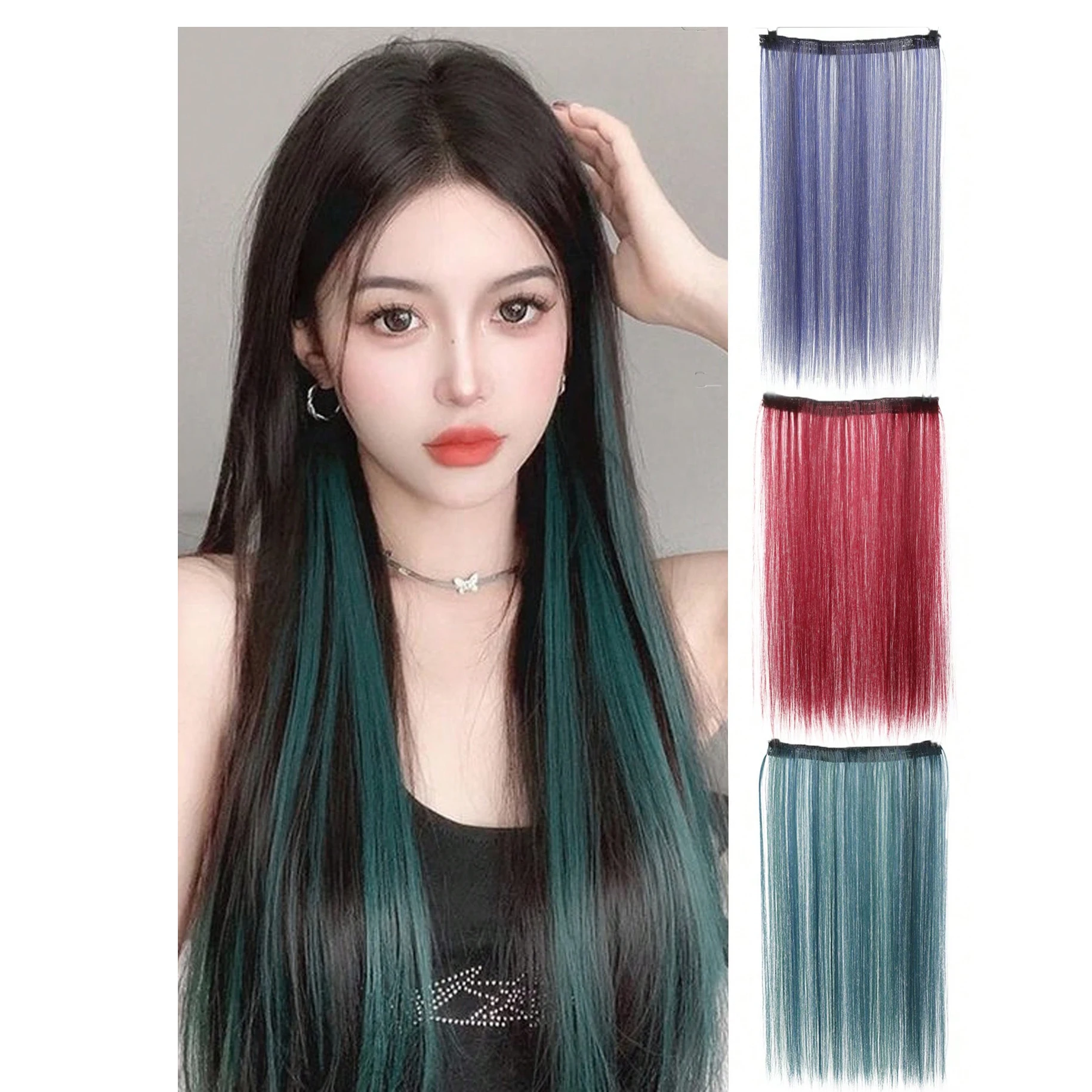 Multiple color one-piece wig pieces, invisible fixing clips, vertical hair extensions, suitable for women's daily use and other