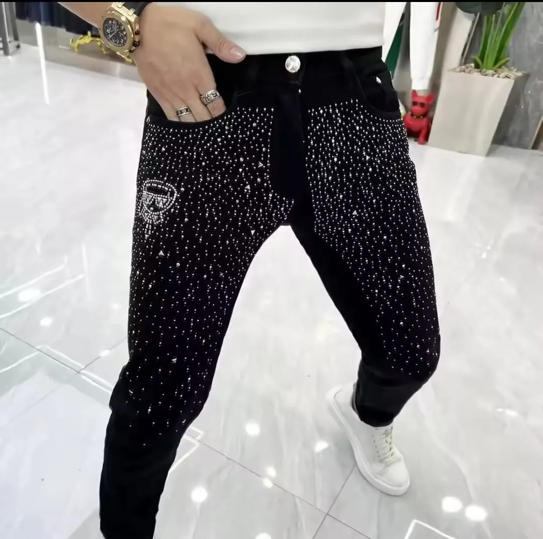 Rhinestone 2025 New Diamond Large Men's Jeans Thin Trendy Slimming Straight Casual Long Pants