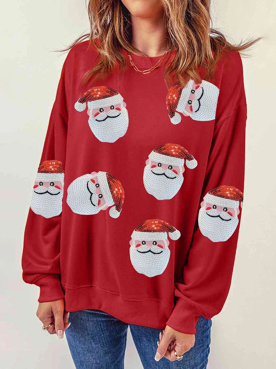 Nueva moda mujer Navidad sudaderas sueltas lentejuelas Santa cuello redondo manga larga jerseys Otoño Invierno Casual Tops S-XL