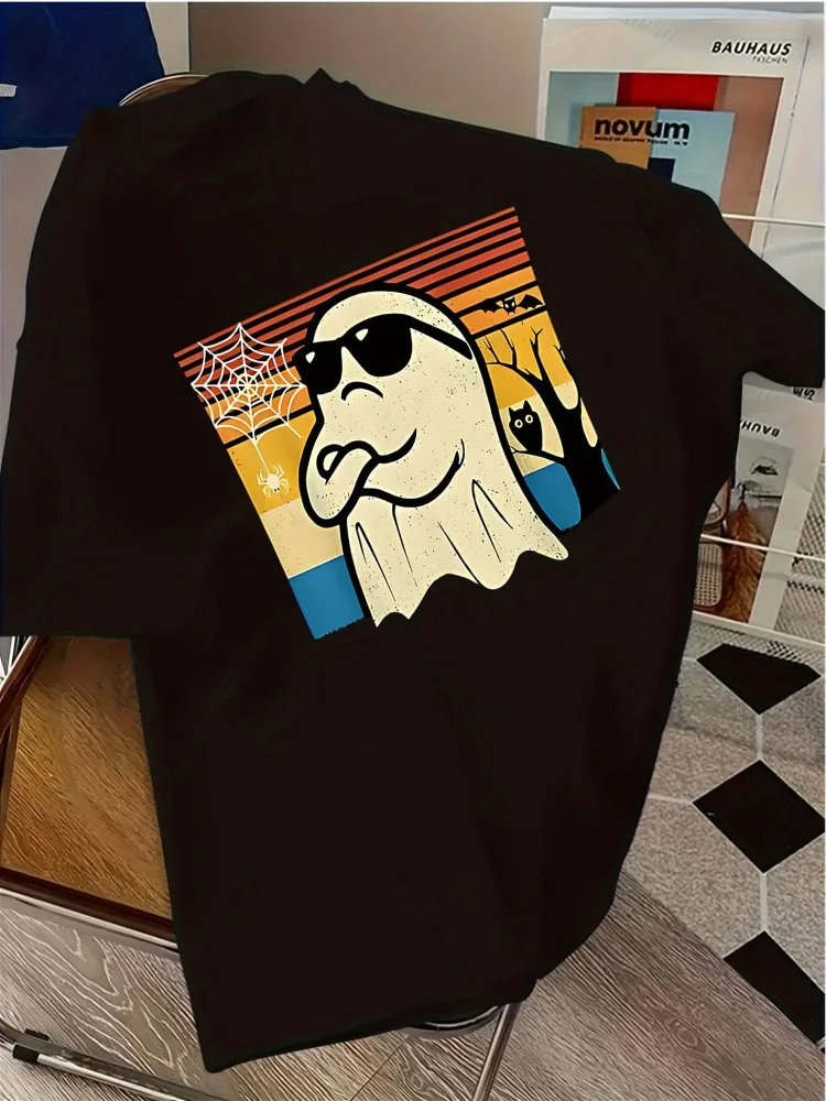 Vintage Retro Mens Black Cotton T Shirt Cool Ghost With Sunglasses Spider Bat Owl Halloween Graphic Short Sleeve Casual Tees