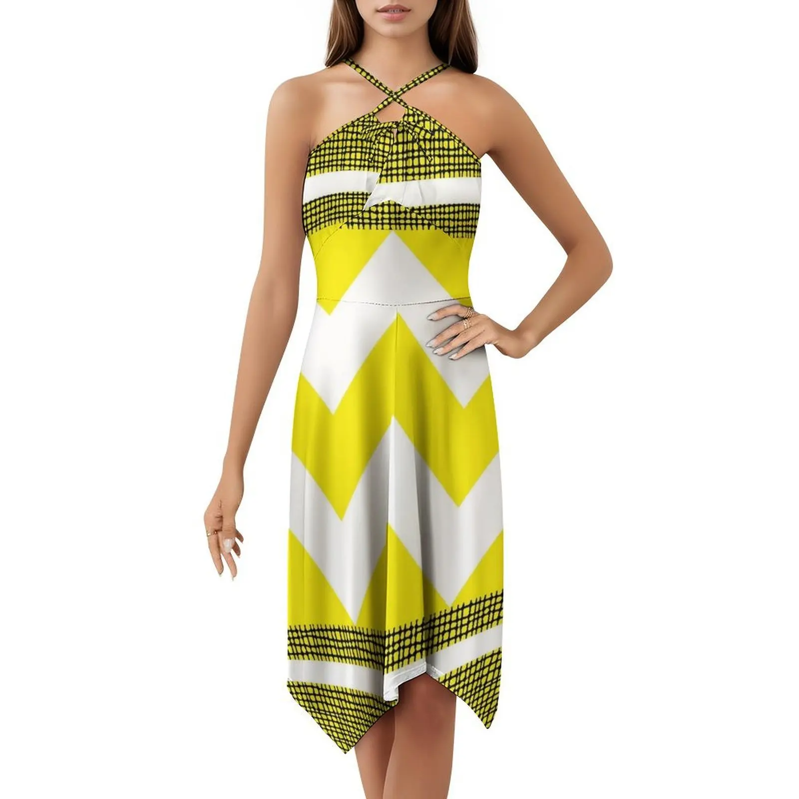 فستان هندسي متعرج الملمس الأبيض والخردل البوهيمي بدون أكمام للنساء طباعة فساتين حفلات الشاطئ هندسية متعرج #5